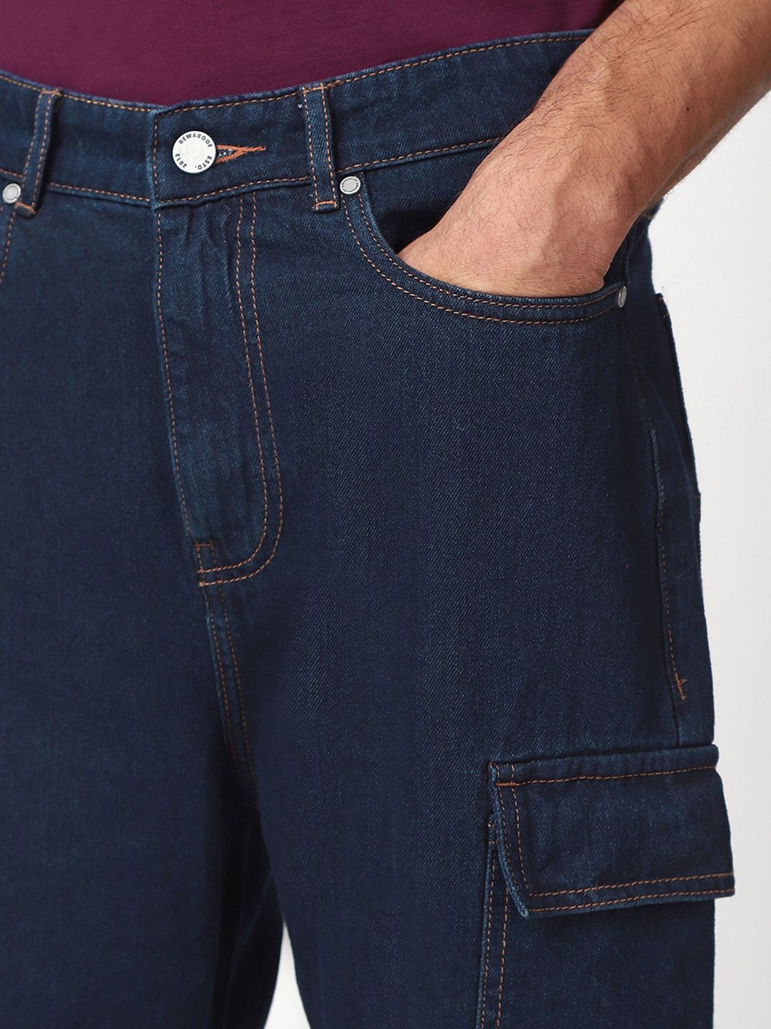 Bewakoof Men's Indigo Blue Baggy Washed Cargo Mid-Rise Jeans
