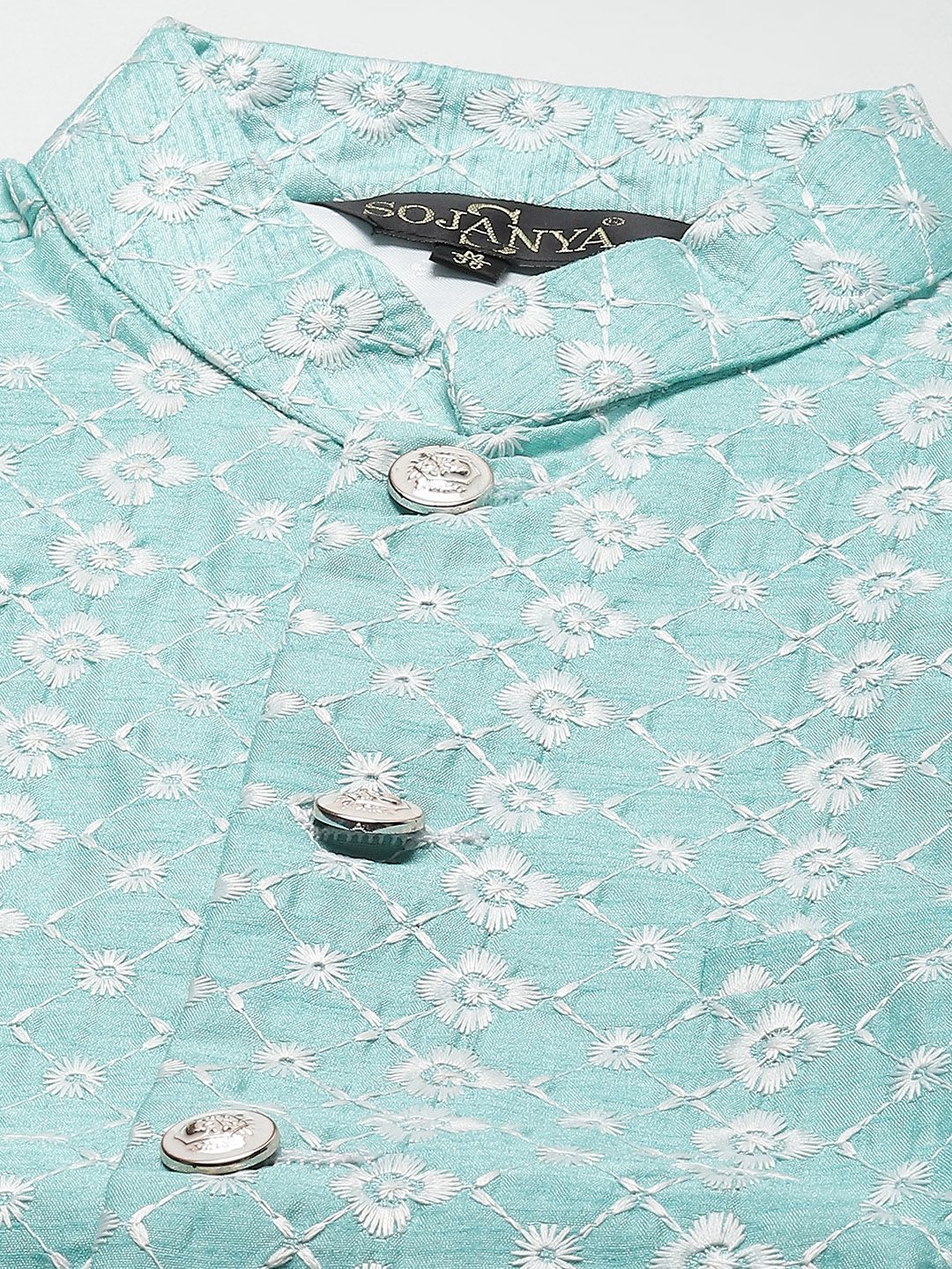 SOJANYA Men Teal Ethnic Motifs Embroidered Kurta with Churidar