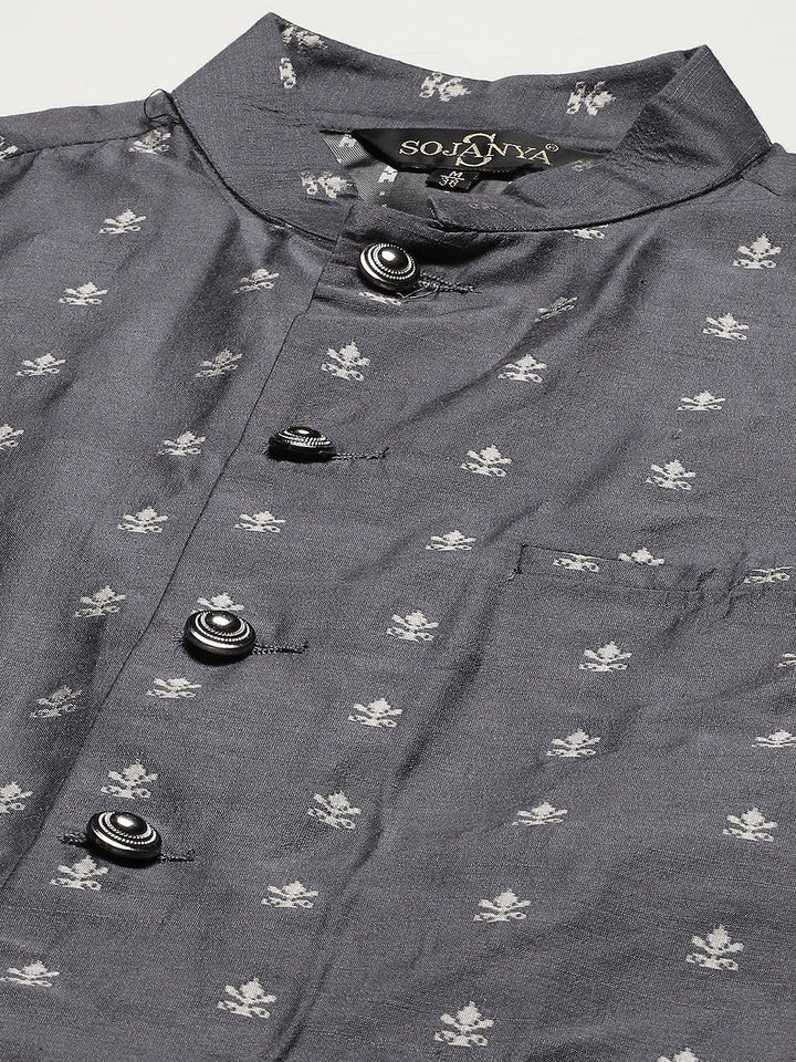 SOJANYA Men Black Chikankari Pure Cotton Kurta with Churidar & Nehrujacket