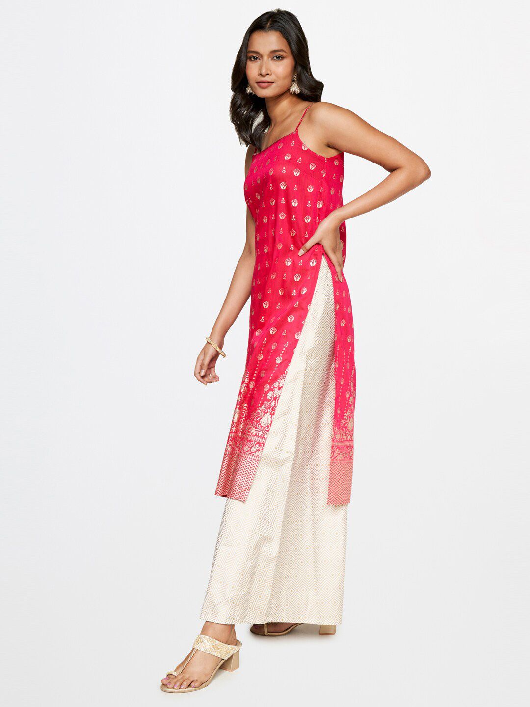 Global Desi Ethnic Motifs Foil Printed Shoulder Straps Kurta with Palazzos