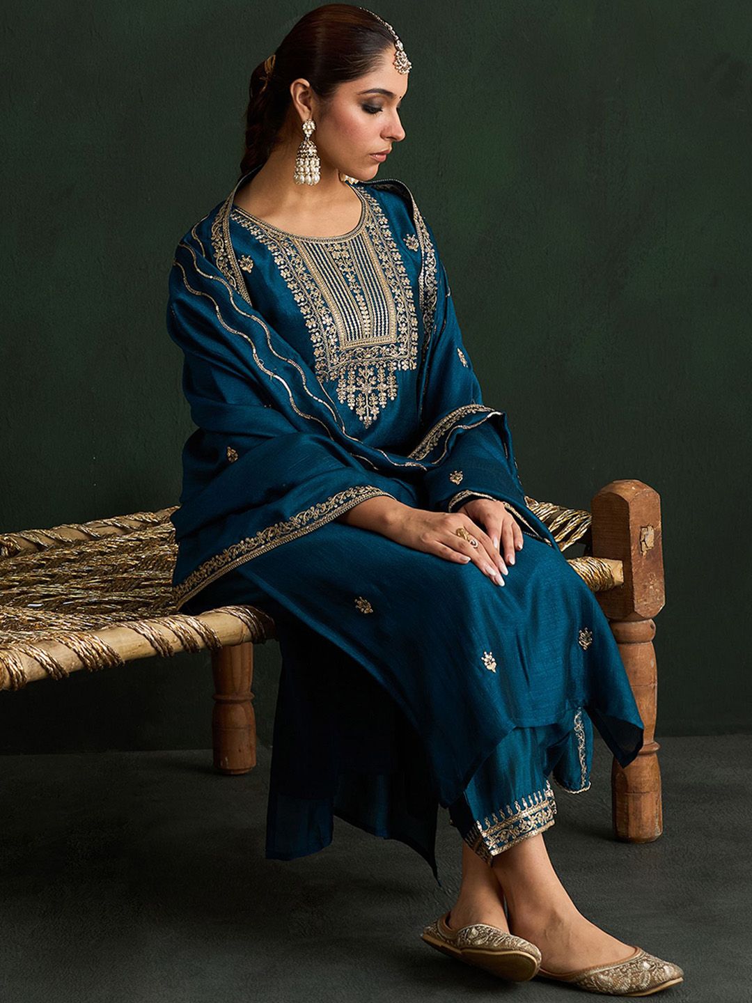 Indo Era Women Ethnic Motifs Embroidered Regular Kurta with Trousers & With Dupatta