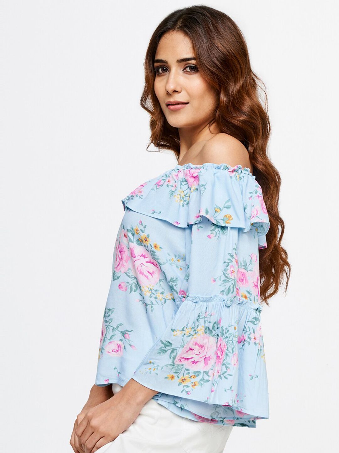 AND Blue Floral Print Off-Shoulder Bardot Top