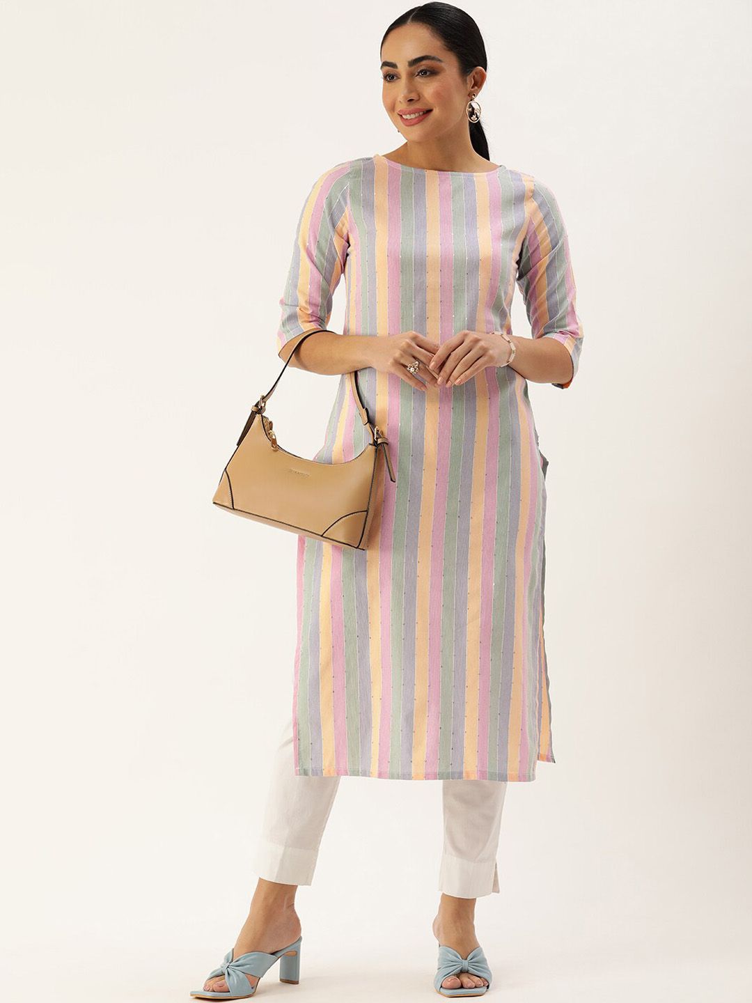 KALINI Women Striped Keyhole Neck Flared Sleeves Sequinned Kurta