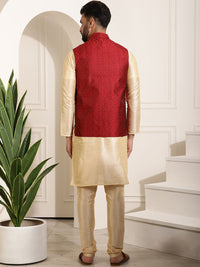 SOJANYA Lelaki Maroon & Motif Etnik Emas Jacquard Kurta dan Churidar dengan Jaket Nehru
