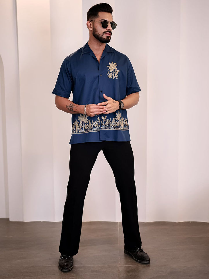 Eszett Men Floral Printed Cuban Collar Cotton Casual Shirt