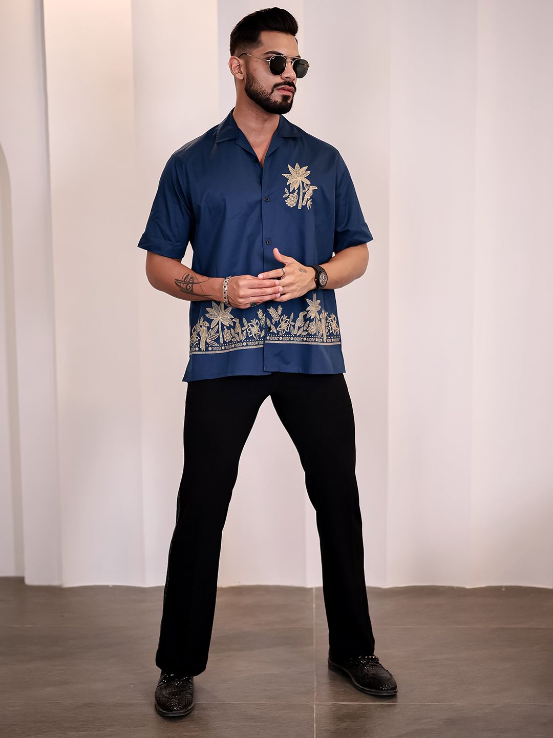 Eszett Men Floral Printed Cuban Collar Cotton Casual Shirt