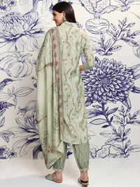 Vishudh Green & Red Floral Printed Regular Thread Work Kurta with Trousers & With Dupatta