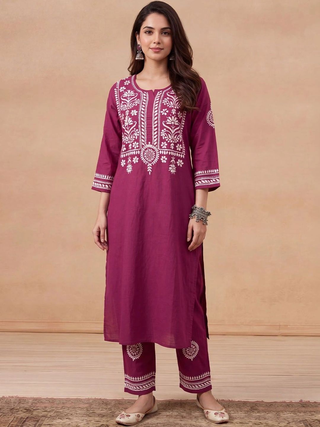 House of Chikankari Women Ethnic Motifs Embroidered Regular Thread Work Kurta with Trousers