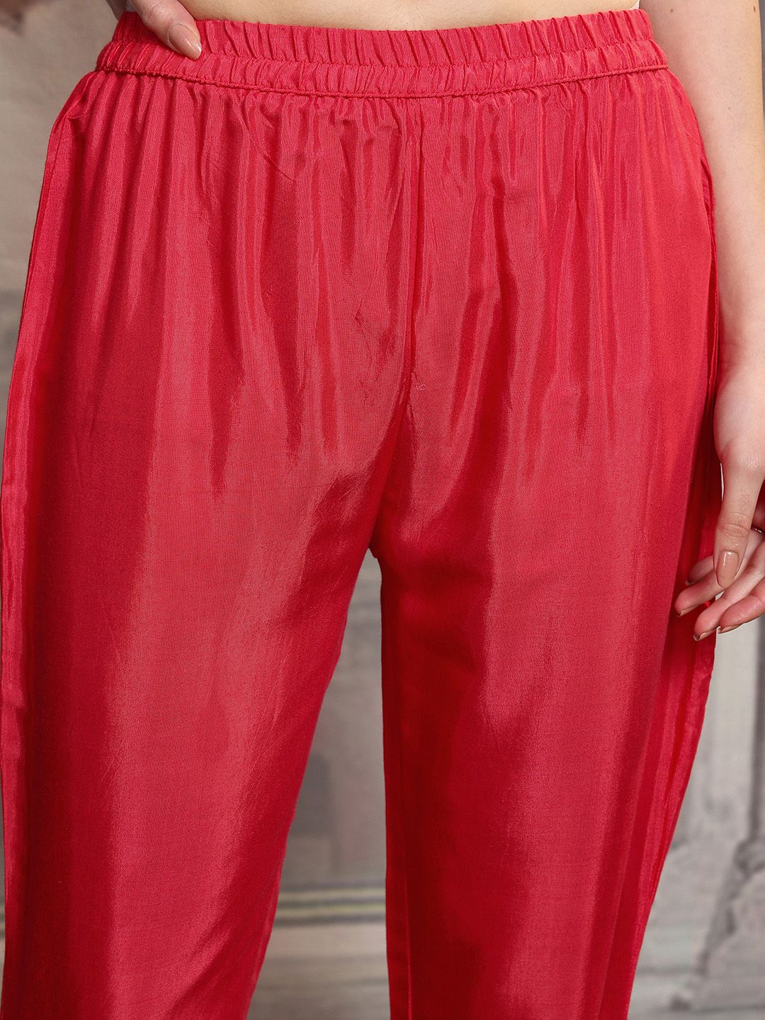 Vishudh Red Ethnic Motifs Printed Straight Kurta With Trousers & Dupatta
