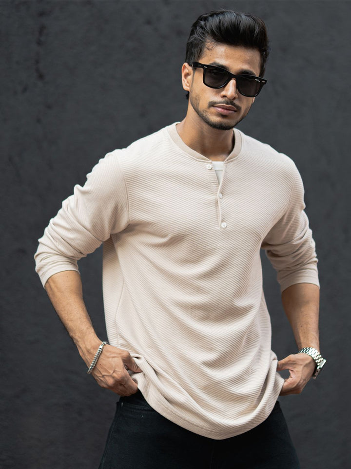 Powerlook Men Self Design Henley Neck Cotton T-shirt