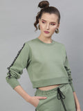 STREET 9 Women Green Solid Crop Sweatshirt With Side Stripes