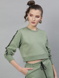 STREET 9 Women Green Solid Crop Sweatshirt With Side Stripes