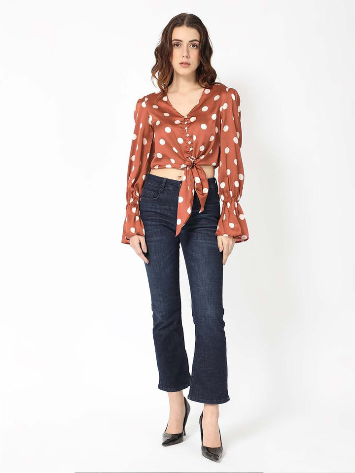 RAREISM Polka Dot Print Puff Sleeve Styled Back Crop Top