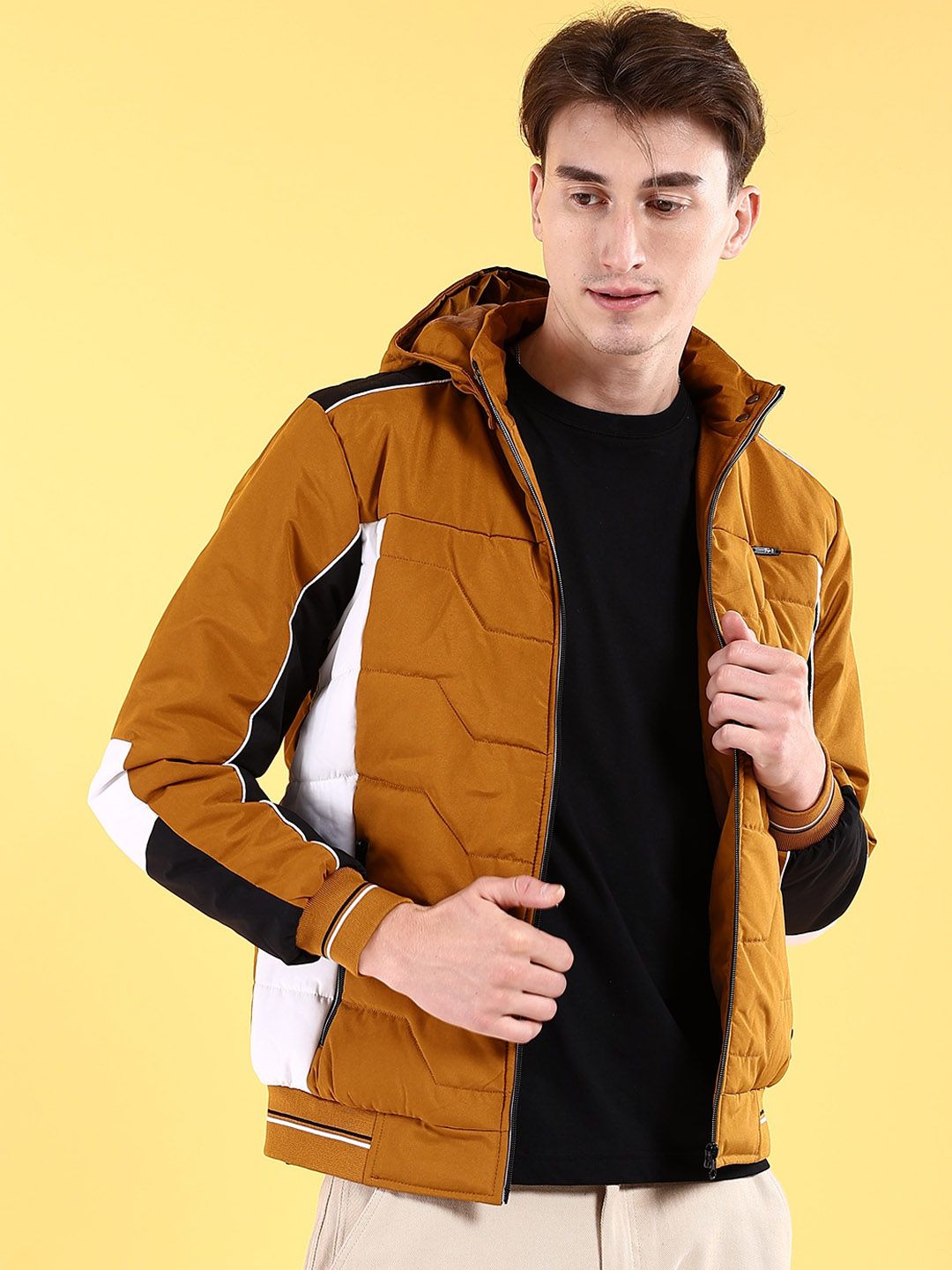 The Indian Garage Co Men Colourblocked Bomber Jacket with Hood