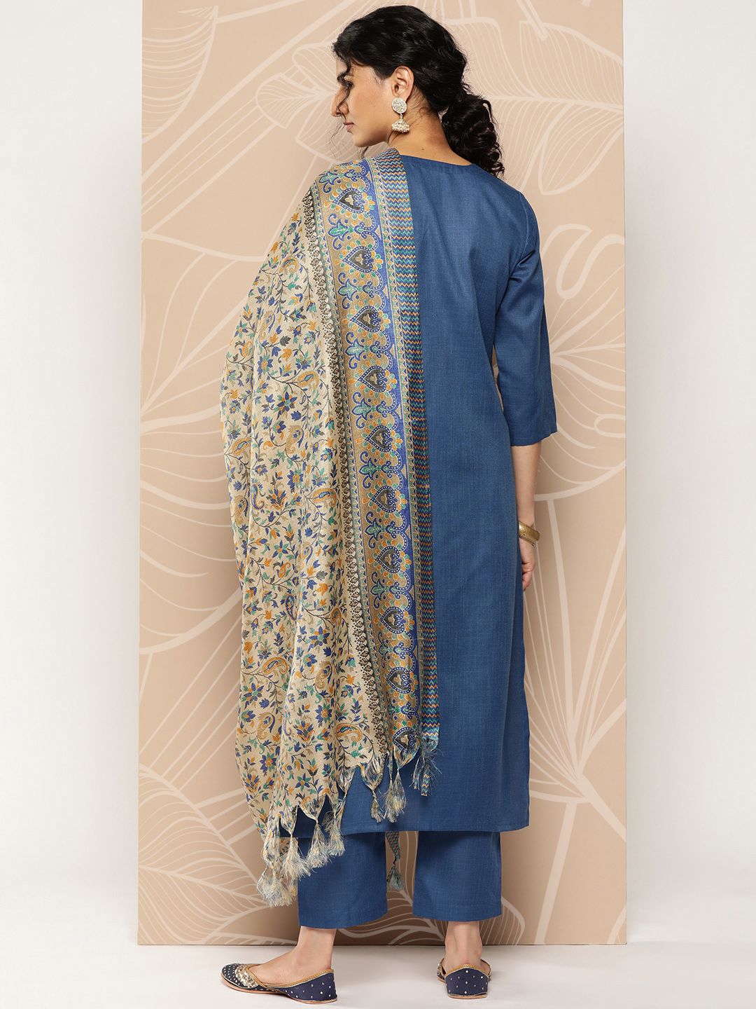 Varanga Blue Yoke Embroidered Kurta with Trouser and Dupatta