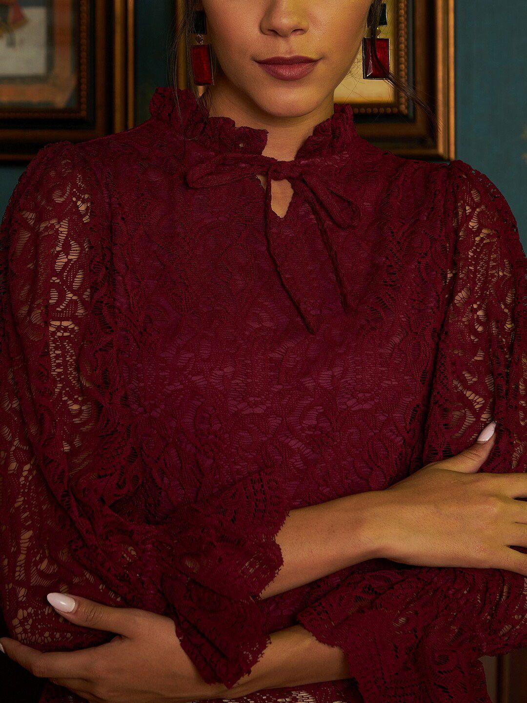 Athena Burgundy Tie-Up Neck Lace Top