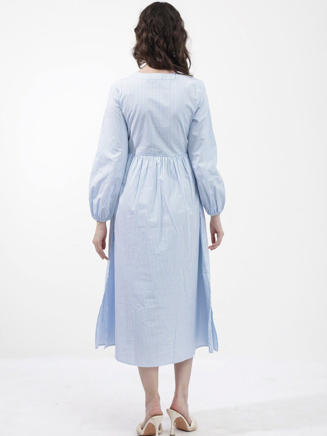 Rareism Striped Fit & Flare Cotton Midi Dress