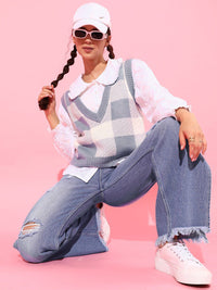 STREET 9 Women Beautiful Blue Checked Sweater