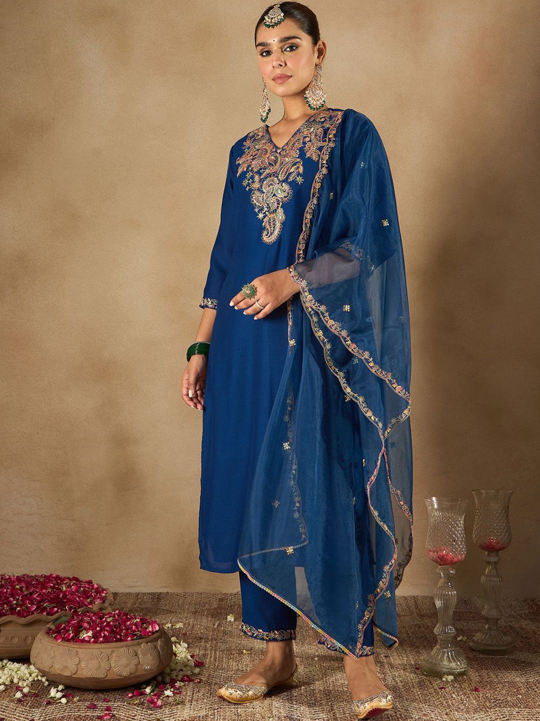 Indo Era Women Ethnic Motifs Embroidered Regular Liva Kurta with Trousers & With Dupatta