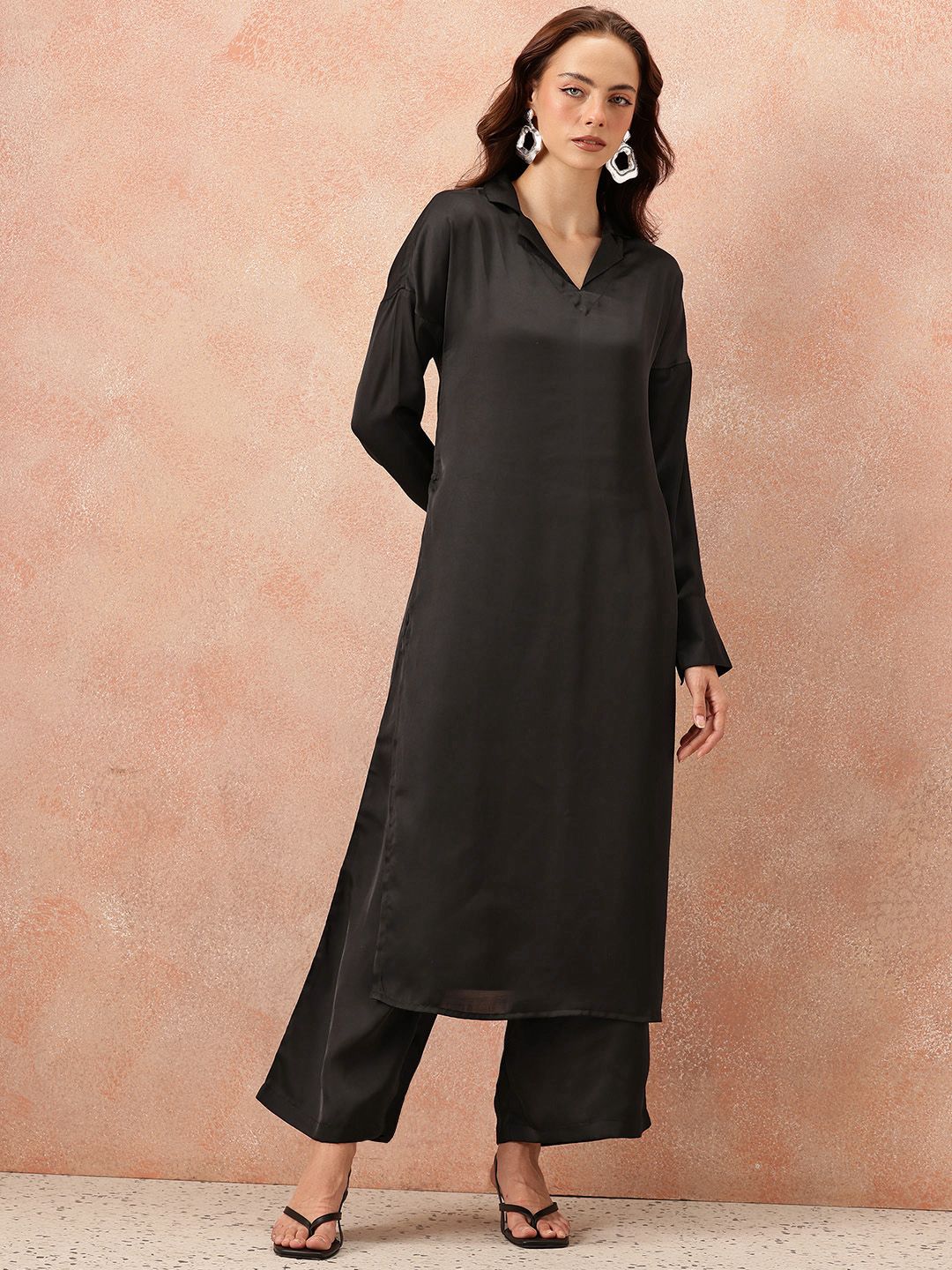 all about you Notched Lapel Collar Drop-Sleeves Satin Straight Kurta with Palazzos