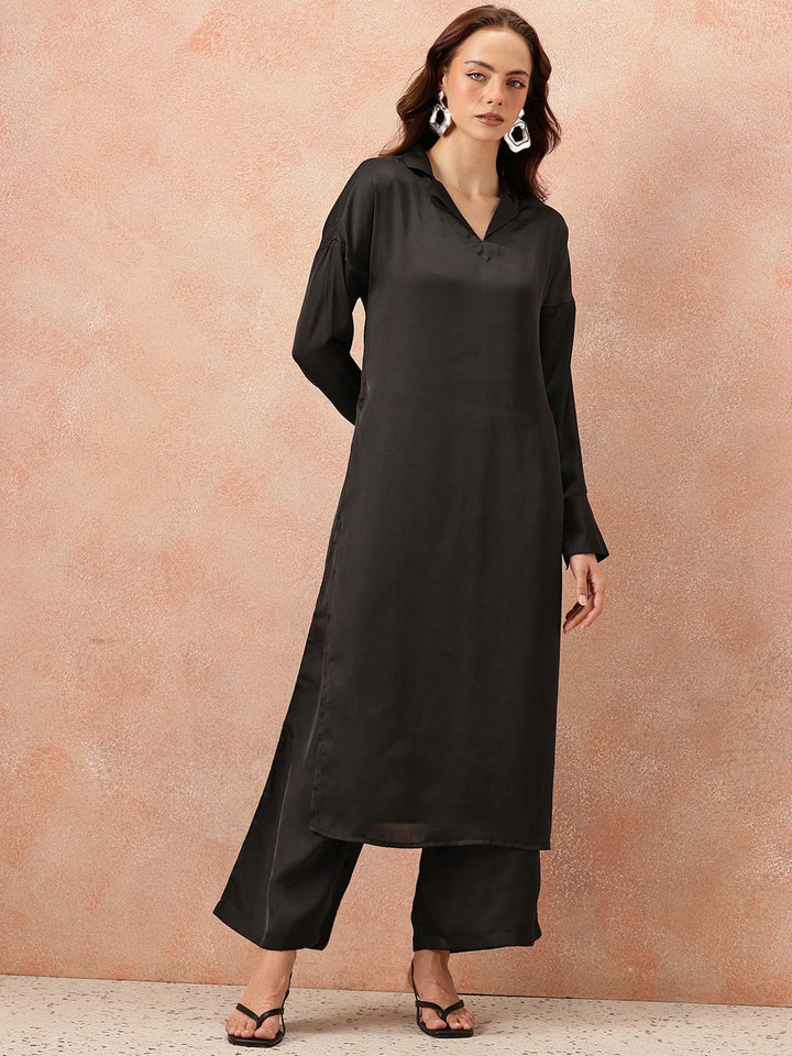 all about you Notched Lapel Collar Drop-Sleeves Satin Straight Kurta with Palazzos