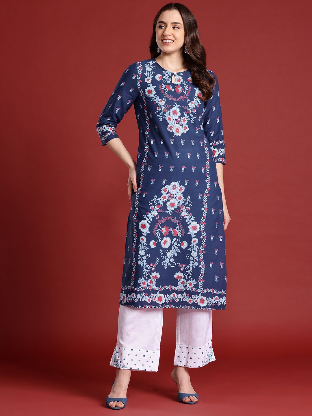 Anouk X Kaarkhana Pure Cotton Floral Print Keyhole Neck Indigo Kurta
