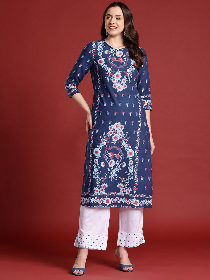 Anouk X Kaarkhana Pure Cotton Floral Print Keyhole Neck Indigo Kurta