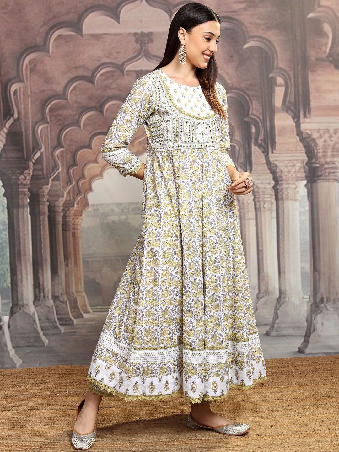 Vishudh White Printed Thread Work Pure Cotton Anarkali Kurta With Trousers & Dupatta