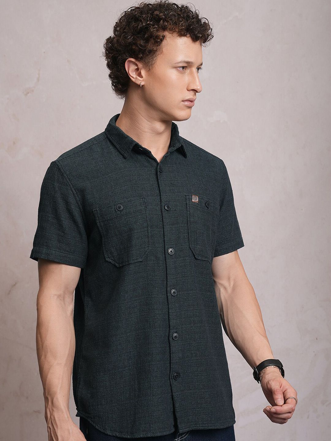 LOCOMOTIVE Premium Dobby Textured Checked Utility Cotton Pocket Regular Shirt