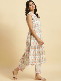 W Floral Printed Shirt Collar Pure Cotton Anarkali Kurta with Trousers