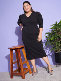 SASSAFRAS Curve Black Plus Size V-Neck Puff Sleeves Sheath Midi Dress