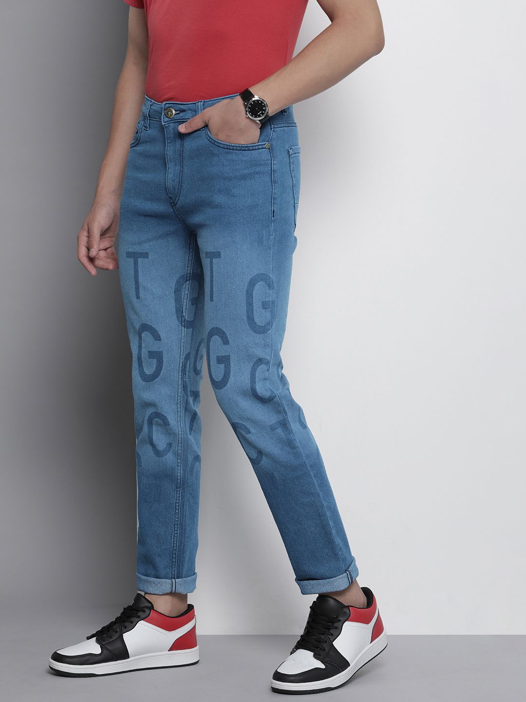 The Indian Garage Co Slim Fit Light Fade Printed Stretchable Jeans