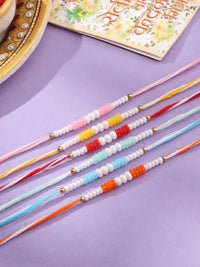 NVR Unisex Set of 6 Multicolor Pearls Thread Rakhi with Roli Chawal, Rakshabandhan Combo