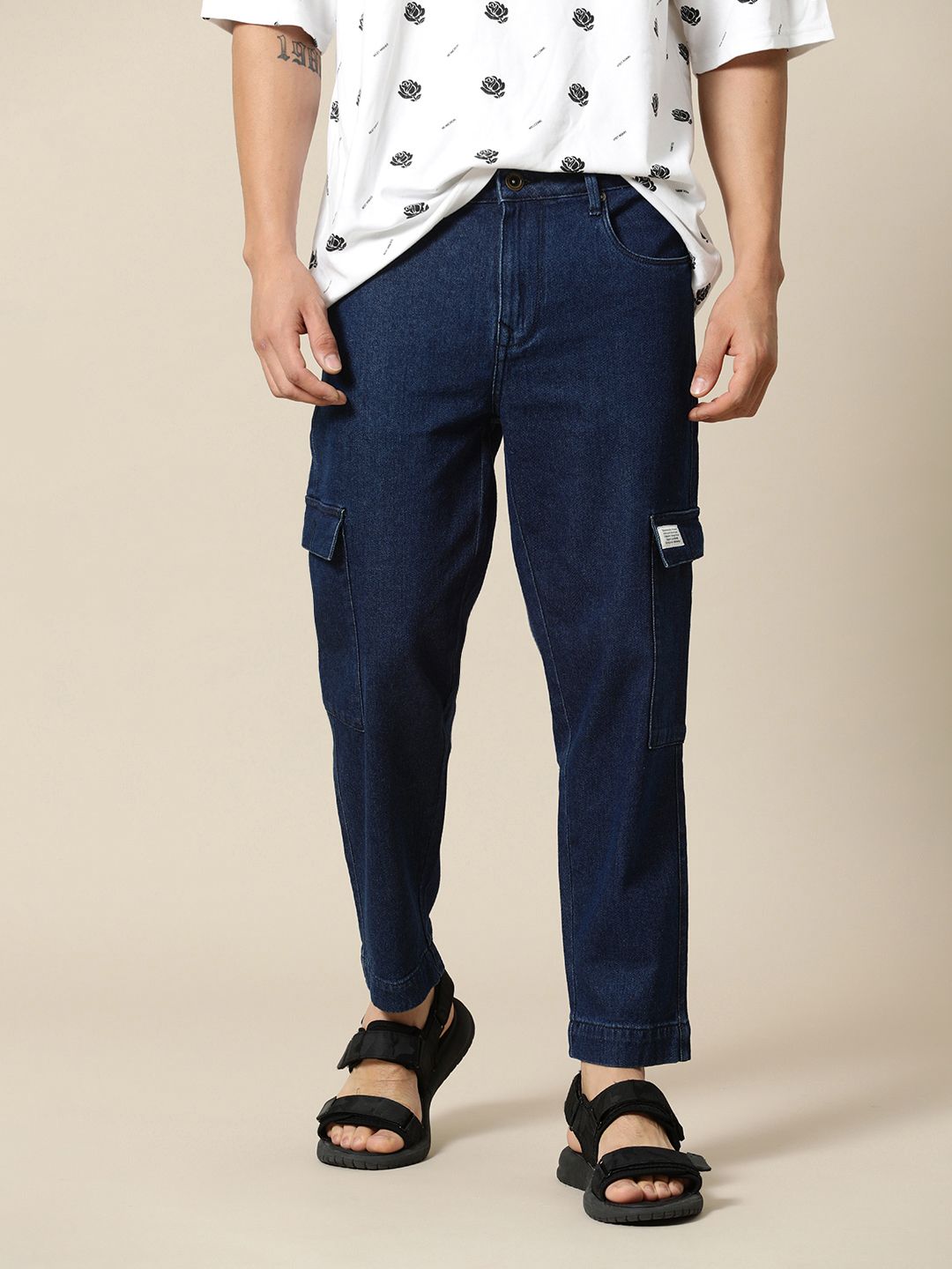 Mr Bowerbird Men Cropped Tapered Fit Cargo Style Stretchable Jeans With A Small Notebook