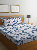 KLOTTHE White Floral Cotton 300 TC Fitted King Fine Bedsheet with 2 Pillow Covers-98 x 89 inches