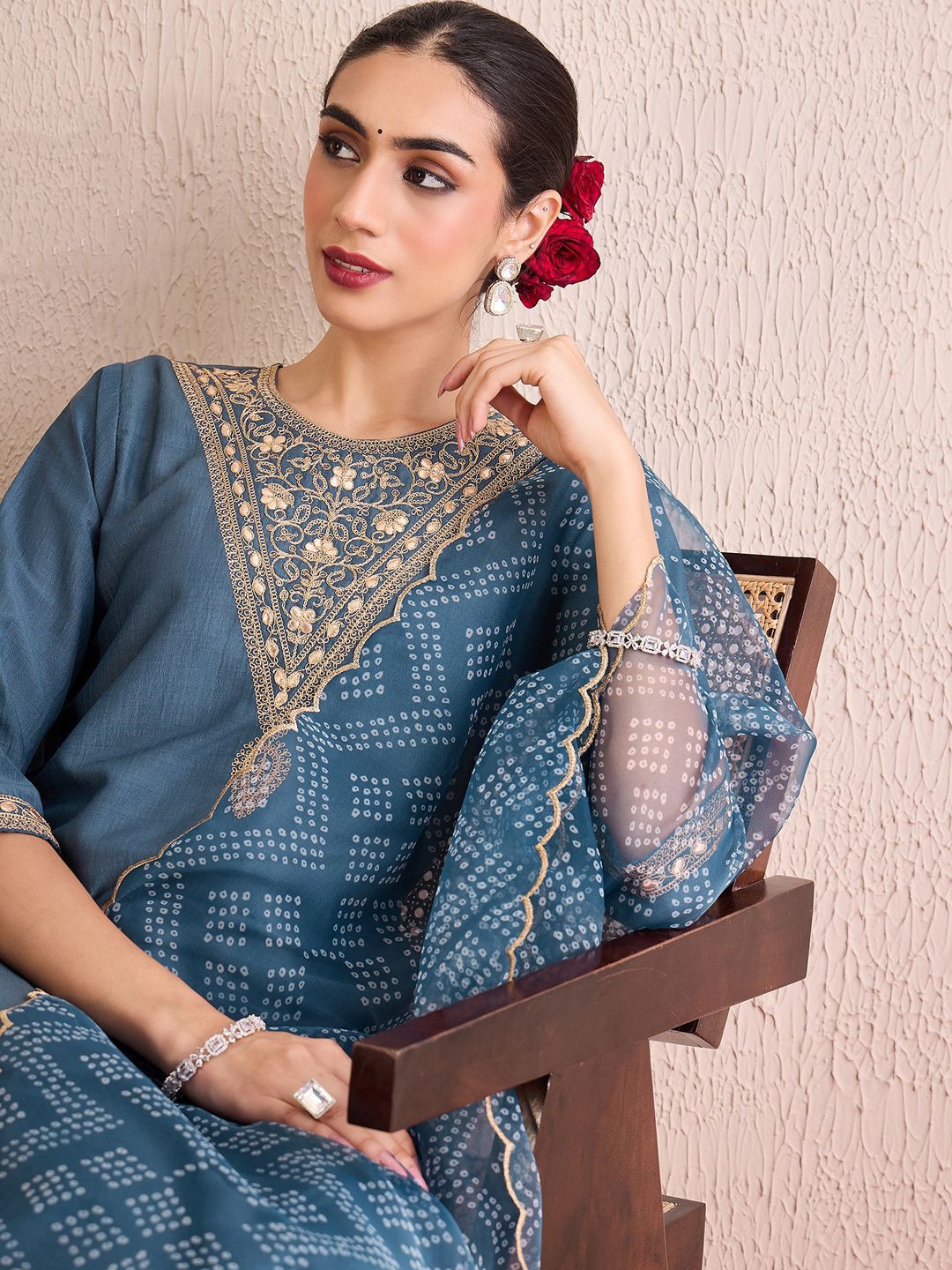 Indo Era Women Bandhani Embroidered Regular Gotta Patti Kurta with Trousers & With Dupatta