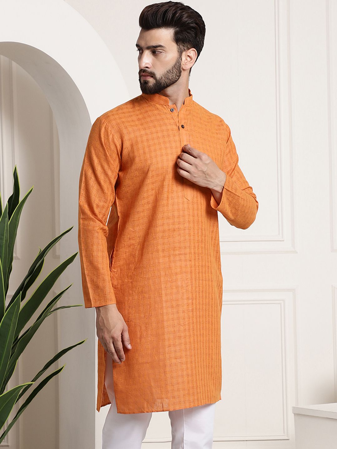 SOJANYA Men Orange Thread Work Dobby Kurta