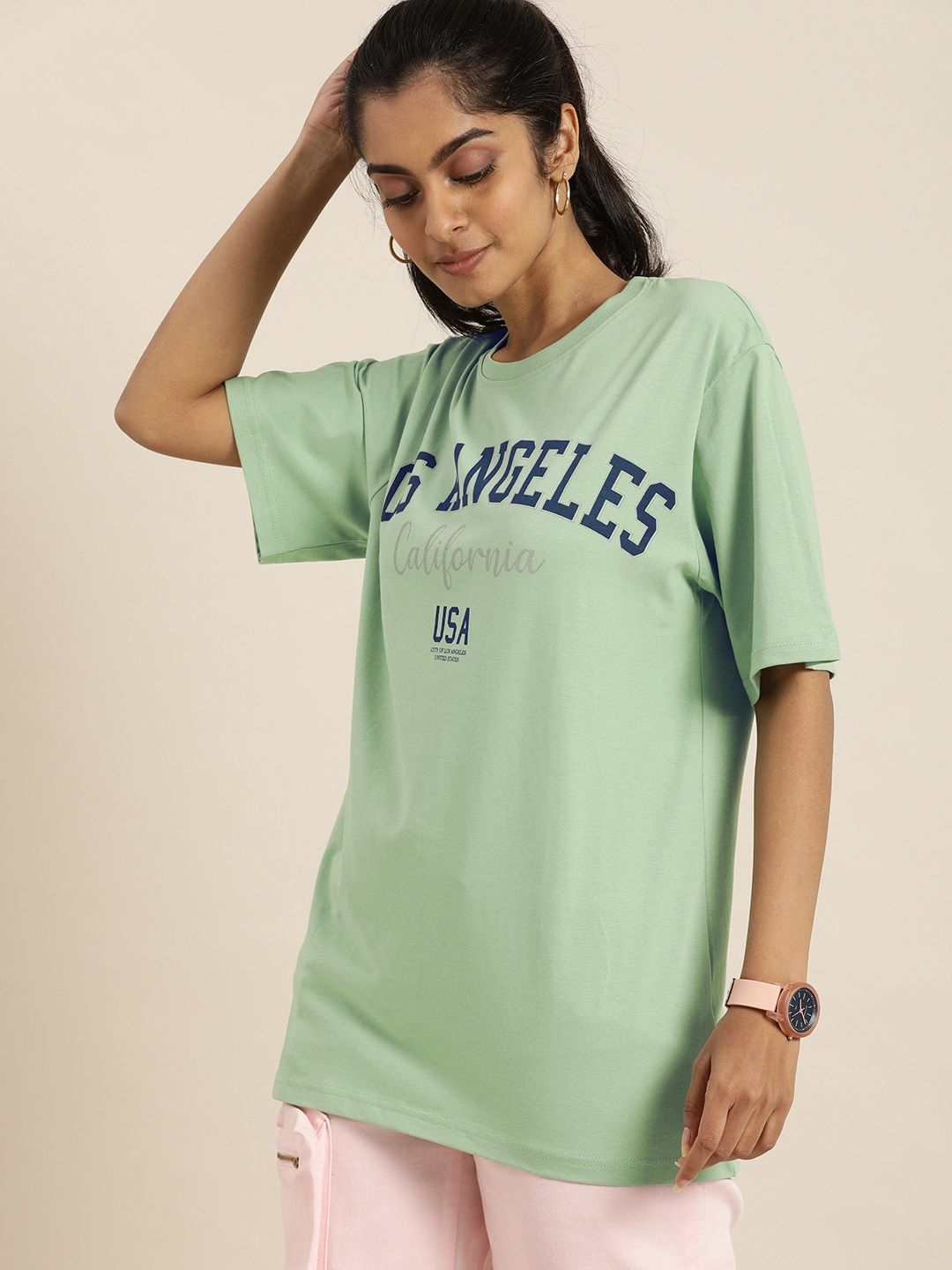 DILLINGER Women Green Printed Drop-Shoulder Sleeves Oversized Pure Cotton T-shirt