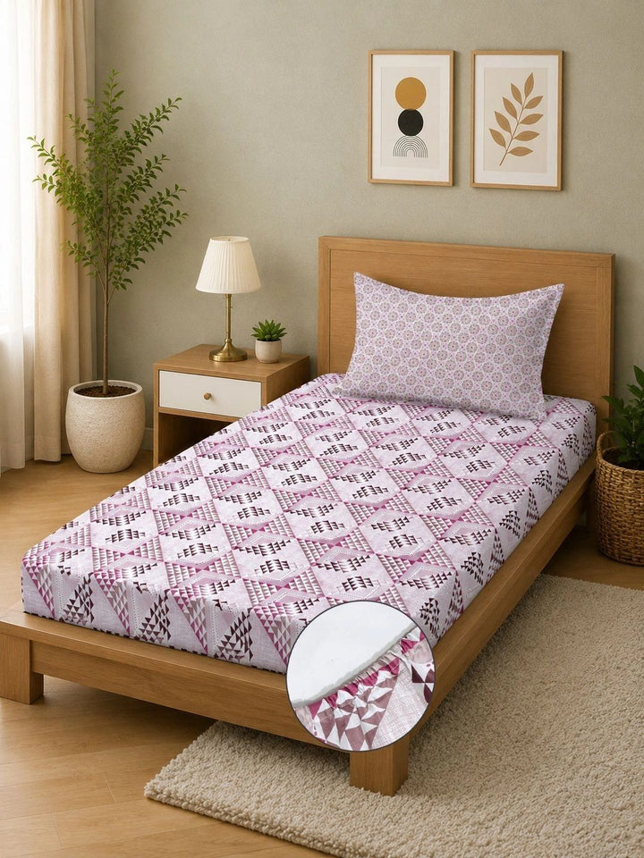 Moda Rapido X KLOTTHE Pink Geometric 400 TC Single Bedsheet with 1 Pillow Covers