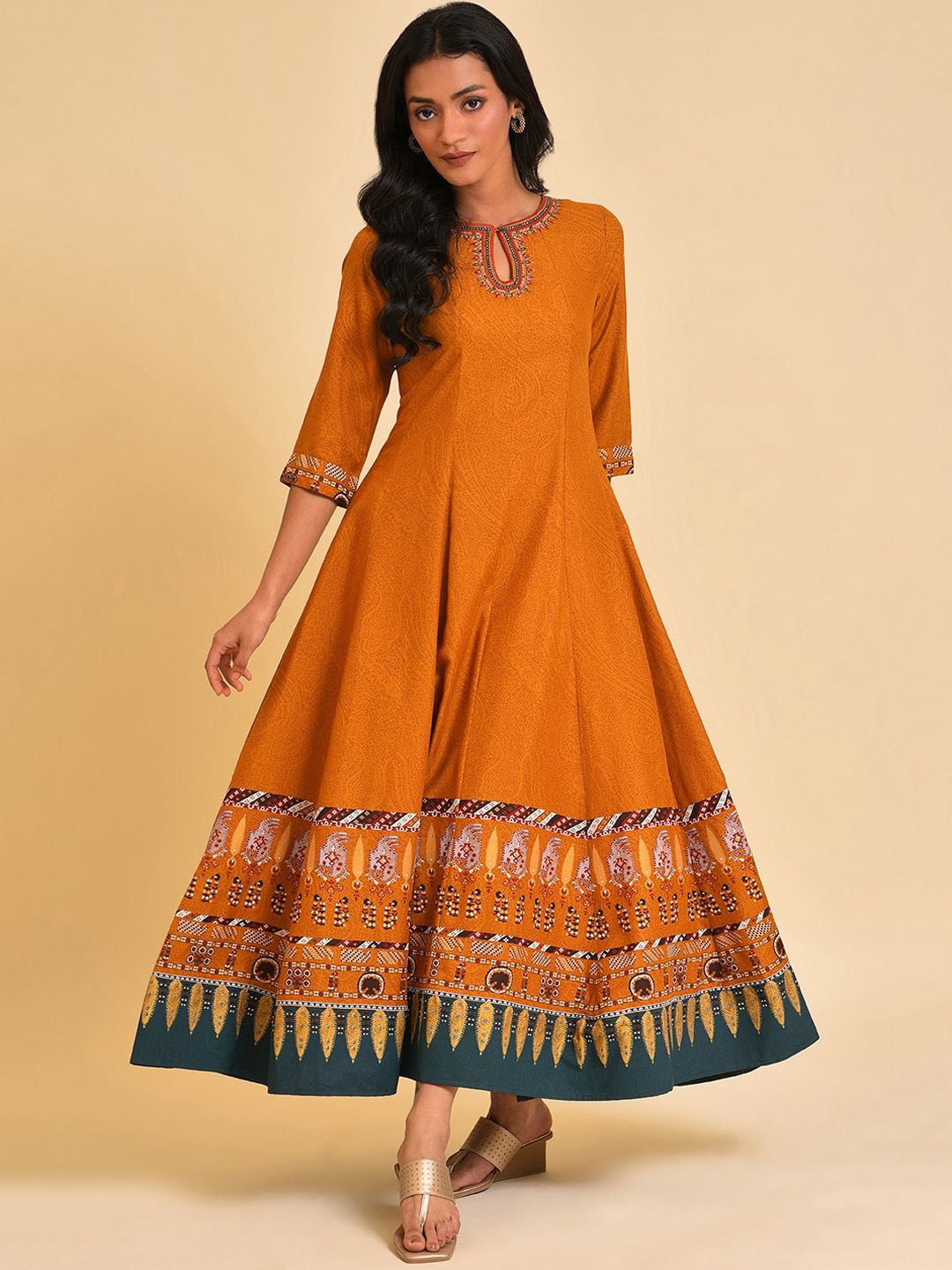 W Keyhole Neck Ethnic Motifs Printed Embellished A-Line Ethnic Dress