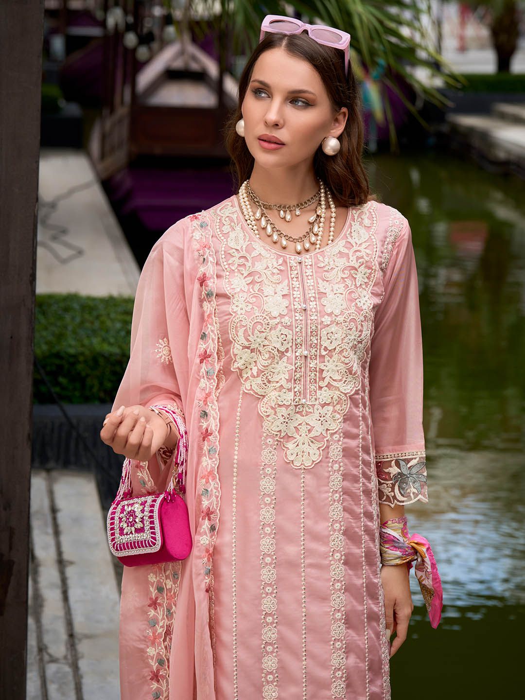 Indo Era Floral Embroidered Sequinned Straight Kurta with Trouser & Dupatta