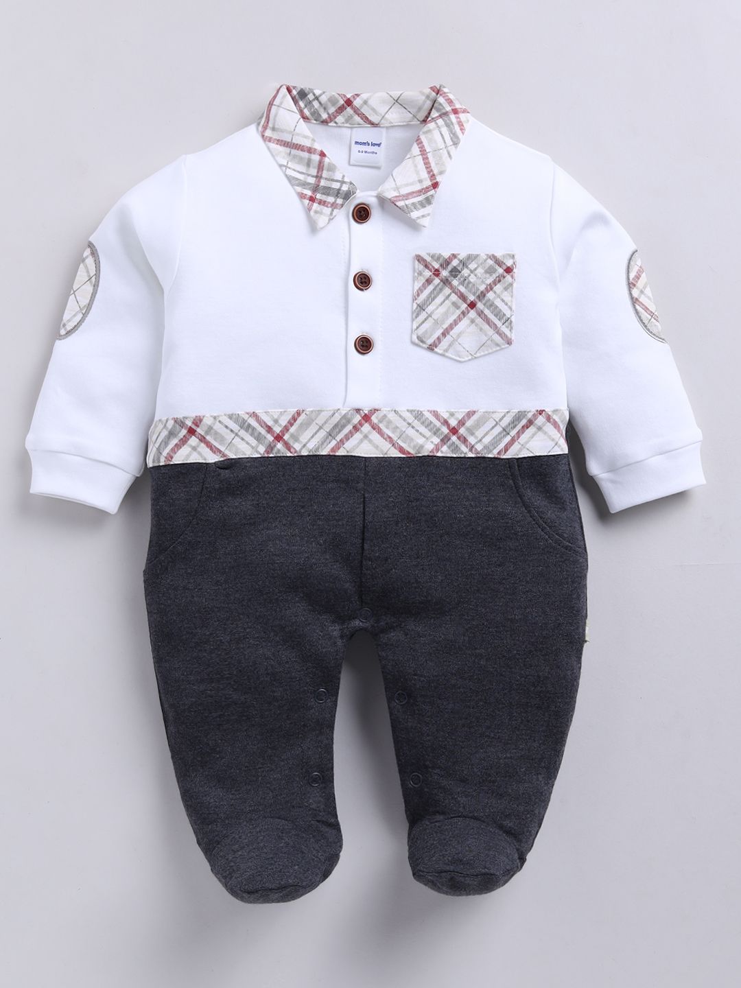 Moms Love Infant Boys Pocket Detail Checked Sleepsuit