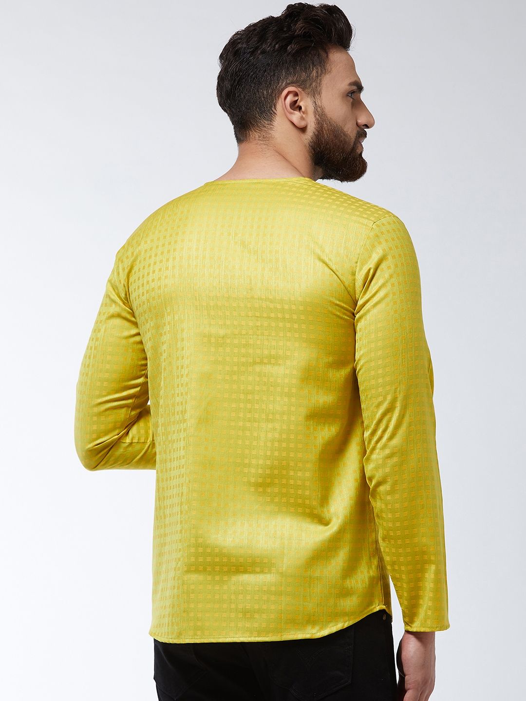 SOJANYA Men Green & Yellow Checked Straight Short Kurta