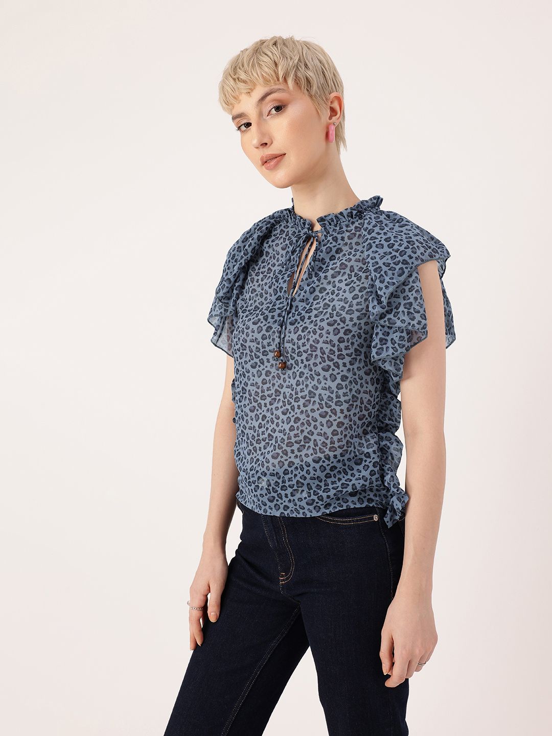 DressBerry Playful Glam Animal Skin Printed Tie-Up Neck Semi Sheer Gathers Top
