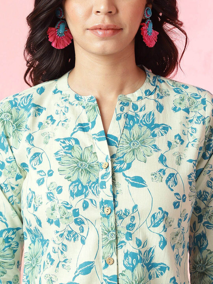 Anouk Blue Floral Printed Mandarin Collar Pure Cotton Top
