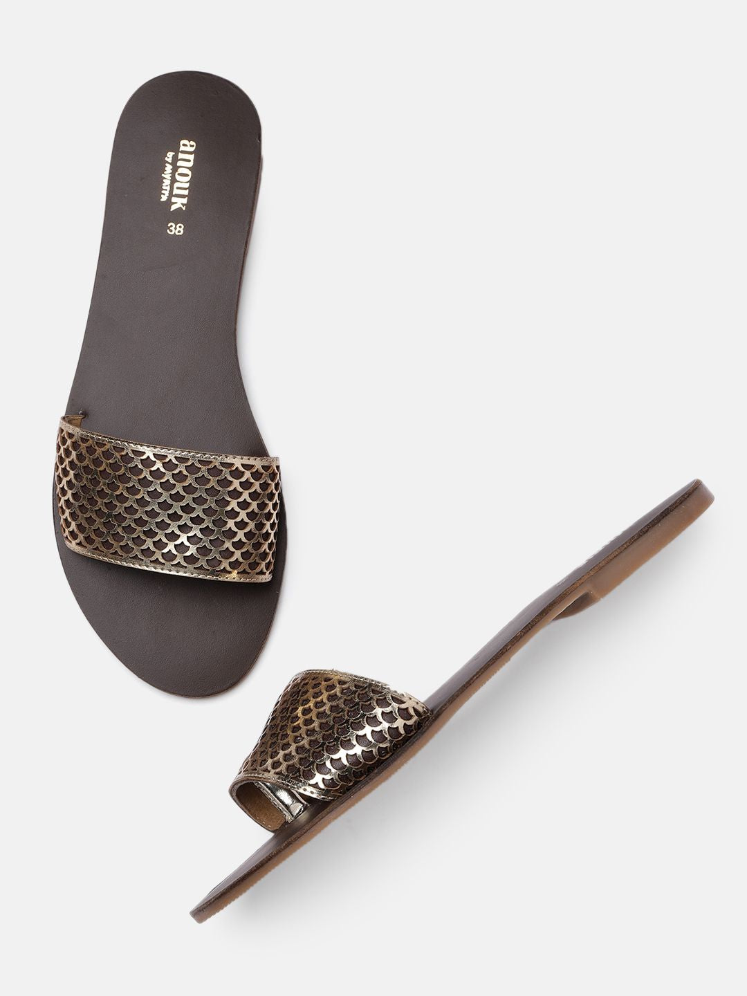 Anouk Women Gold-Toned & Brown Open Toe Flats