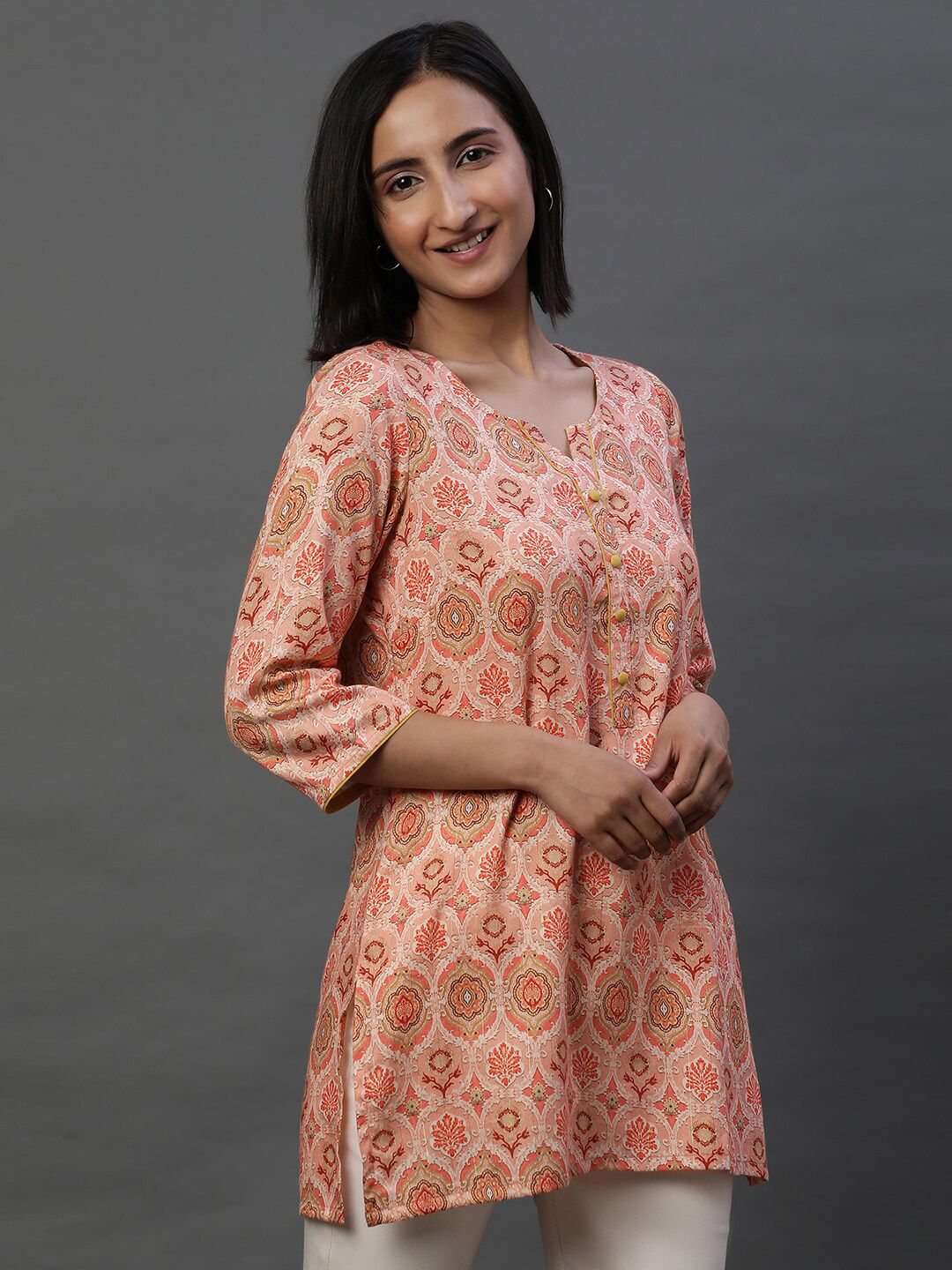 AURELIA Ethnic Motifs Printed Notched Neck Straight Kurti