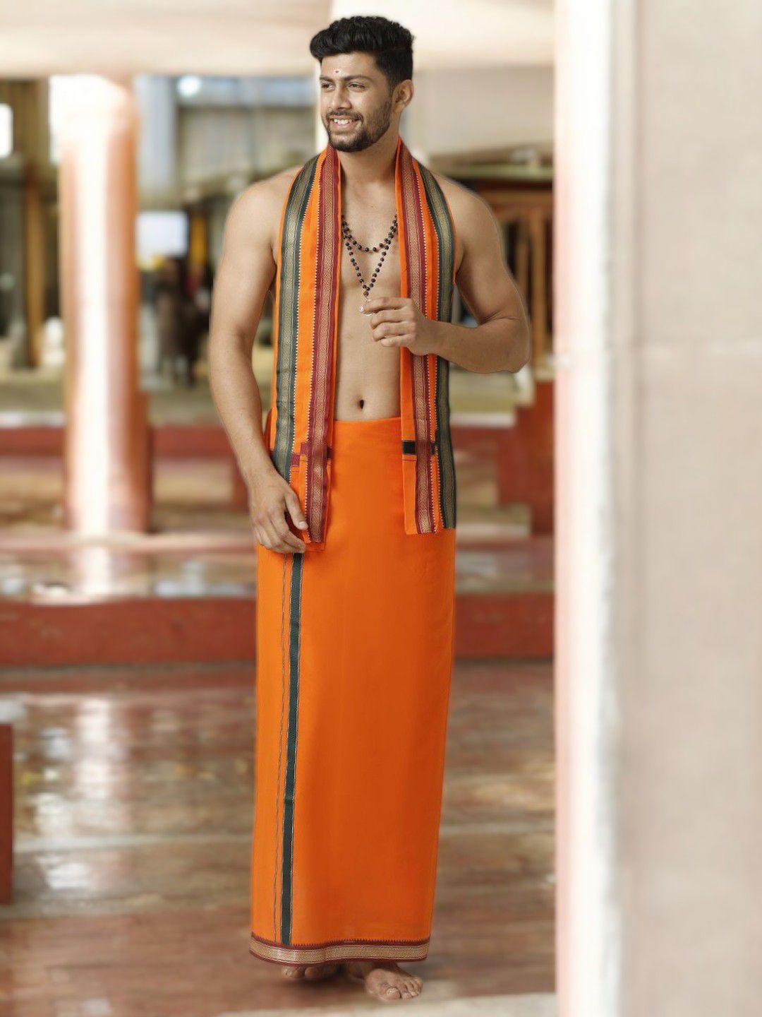 Ramraj Men Cotton Orange Solid DevotionalSingle Layer Dhoti With Mayilkhan Border