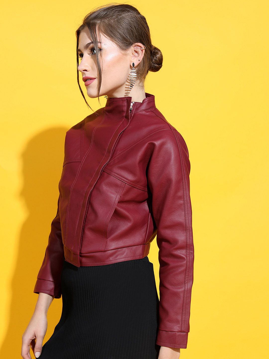 Tokyo Talkies Women Burgundy Crop Biker Jacket