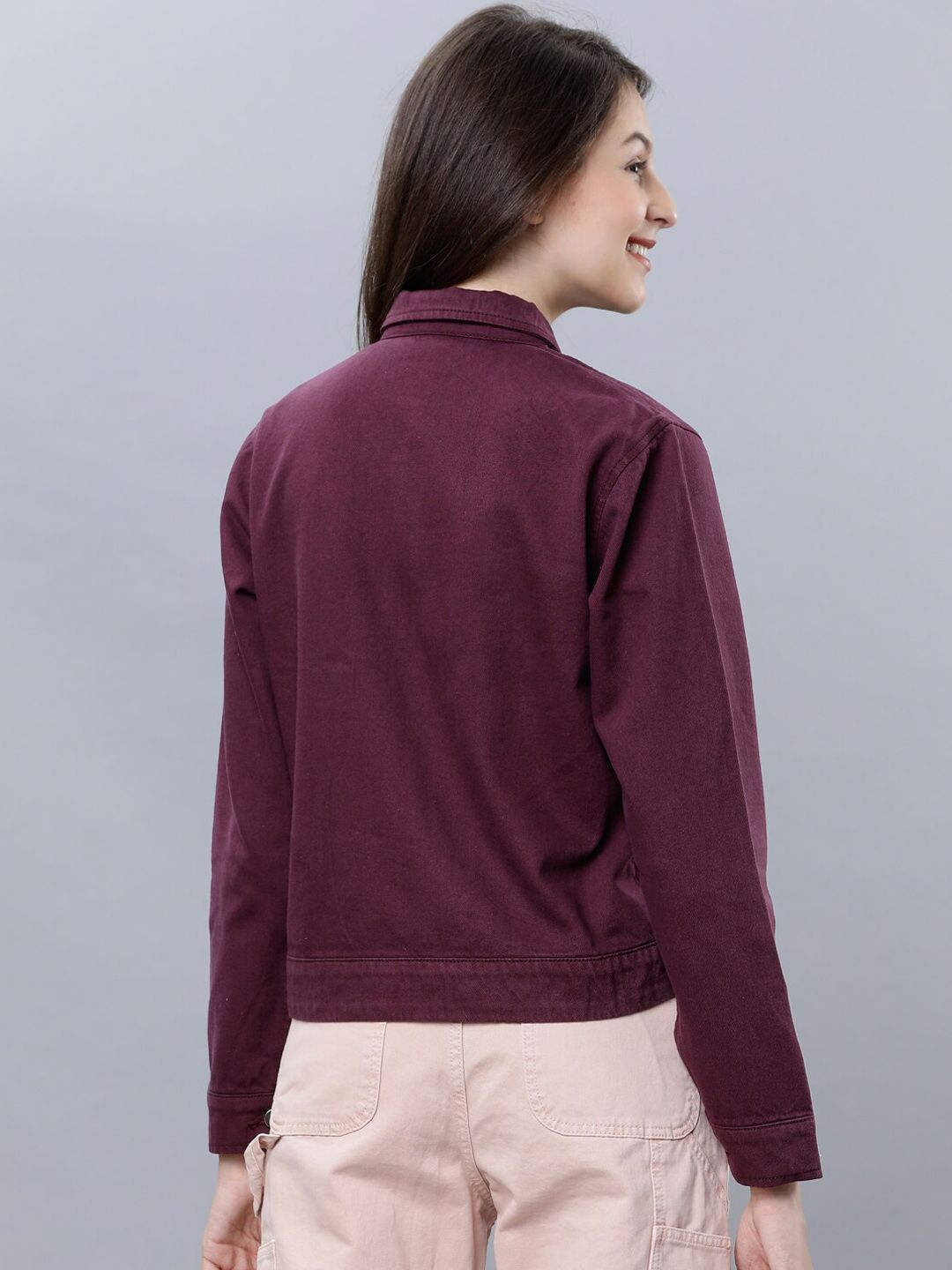 Tokyo Talkies Women Burgundy Solid Denim Jacket
